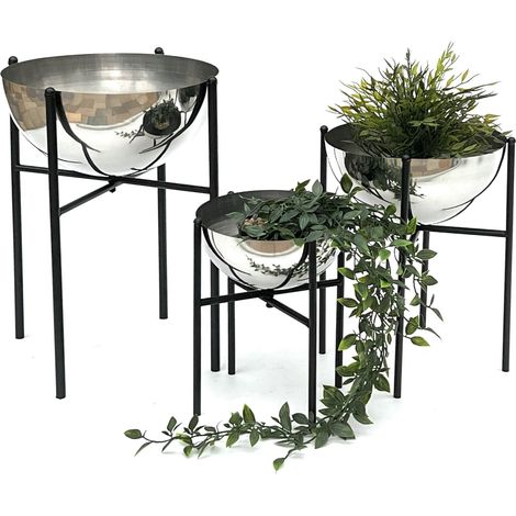 DanDiBo Blumenhocker Metall mit Topf Schwarz Silber 3er Set Blumenständer 96257 Blumensäule Modern Pflanzenständer Pflanzenhocker (1/5)