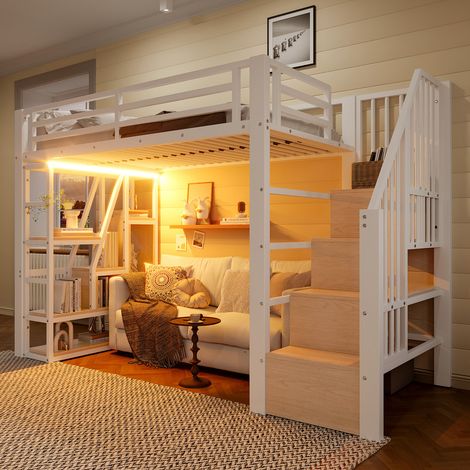 Lit mezzanine 90 x 200 cm - Structure en fer - Avec compartiments de rangement - Barrières de sécurité - Éclairage LED - blanc (matelas non inclus)