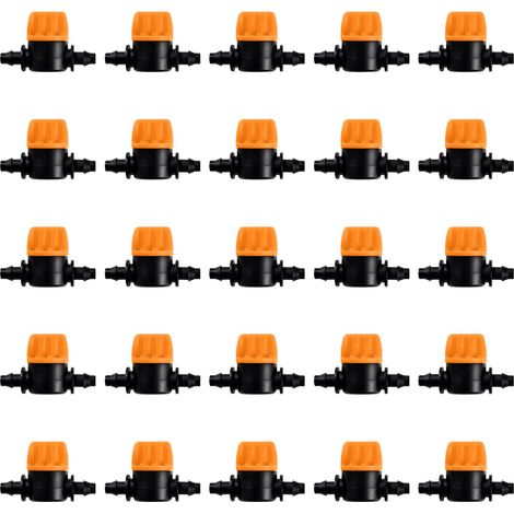 25 Pièces 4/7 Vanne D'irrigation, Mini Valves de Contrôle pour Tuyau d'arrosage 4/7mm, Valves d'arrêt Cannelées 1/4 Pouce Tuyau d'irrigation Goutte à Goutte, Mini Tuyau Vanne d'eau Travers