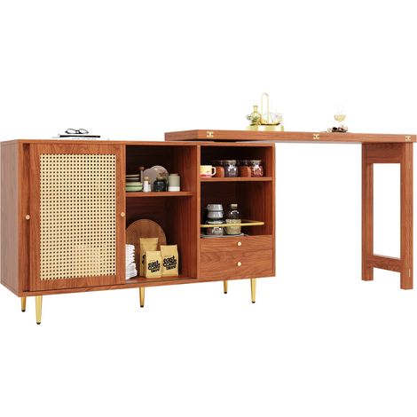 Bartisch mit Rattantür, Schublade und Offenen Regalen, Drehbarer und Erweiterbarer Platte, aus MDF, 107 x 40 x 71,4 cm (1/5)