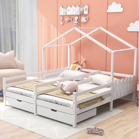 Cama doble 200x90 cm de pino y MDF blanca con 2 cajones, infantil, sin colchón – MEUBLIV (1/5)