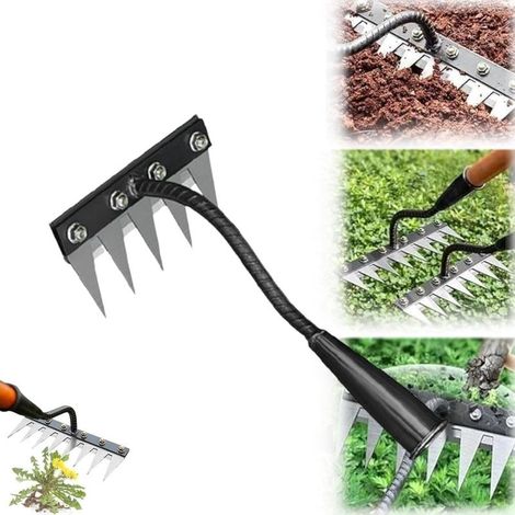 Râteau de désherbage en fer, Râteaux de jardin en acier au carbone à 5/6/7/8 dents pour l'ameublissement de la pelouse, artefact de désherbage domestique agricole et amovible, multi-usage, 5 dents (1/5)