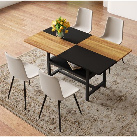 Ensemble table à manger rectangulaire 160 cm avec rangement intégré, 4 chaises en cuir régénéré, style moderne, métal et MDF - CHICFURN (1/5)