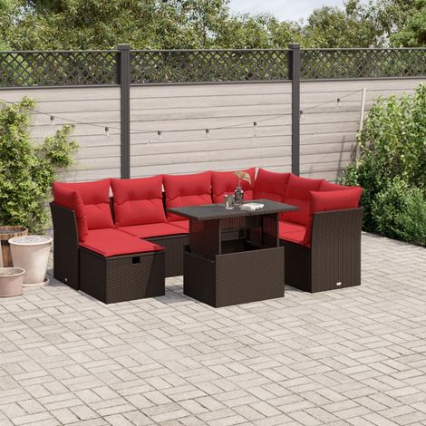 Salon de jardin 8 pièces en résine tressée marron avec coussins rouges et table réglable - PANGIVO (1/5)