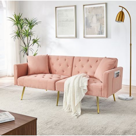 Sofá de 2 plazas rosa en terciopelo con respaldo ajustable, 2 cojines y patas metálicas doradas (1/5)