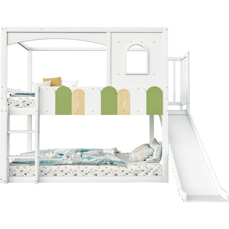 Litera infantil de madera blanca 90x200 cm con tobogán, escalera de seguridad y somier de láminas (1/5)
