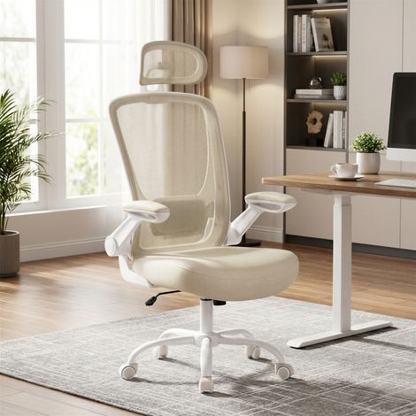 Chaise de Bureau en Maille, Chaise Ergonomique Pivotante avec Soutien Lombaire, Appui-Tête, Accoudoirs Relevables, Beige (1/5)