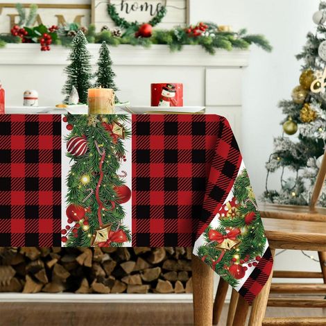 Weihnachts-Tischdecke 140x180cm abwaschbar rot-schwarz kariert mit Tannengirlande