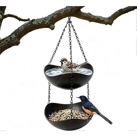 Bain et mangeoire à oiseaux suspendus 2 en 1 bol à deux niveaux extérieur imitation bois réaliste (1/5)