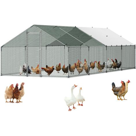 Enclos Poulailler en Métal 3x8x2 m Parc Grillagé pour Poules, Canards, Lapins, Oies, Usage Extérieur, Jardin, Ferme, avec Bâche Imperméable, Toit en Pente, Porte Verrouillable, Accessible à Pied (1/5)