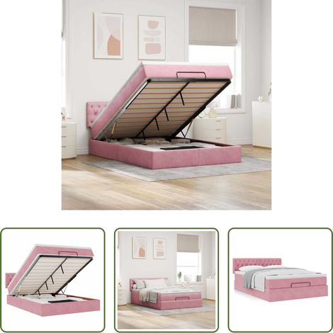 vidaXL Rangement sous le lit -  Cadre de lit ottoman avec matelas rose 140x190 cm velours (1/5)