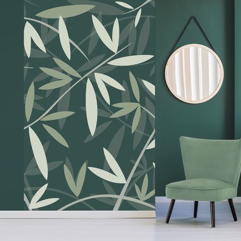 Papier peint intissé motif bambou vert, 250x150cm, fond vert foncé - Décoration murale intissée, motif bambou, vert, 250x150cm, fond vert foncé. (1/2)