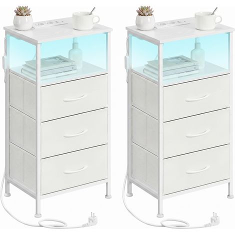 Table de Chevet avec Éclairage LED et Multiprise, Lot de 2, 3 Tiroirs et 1 Compartiment Ouvert, Blanc (1/5)