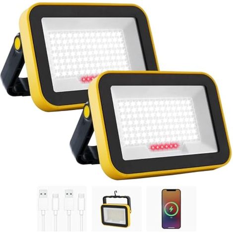 Projecteur Led Rechargeable, 5 Modes Projecteur Led Chantier Batterie avec Câble USB, 4000mAh Lampe de Chantier Portable, IP65 Étanche Lampe de Travail pour Garage, Camping, Pêche, 2 Pièces (1/5)