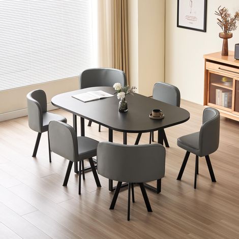 Penelope 150cm Square Table Top BLACK with 6 Grey Chairs