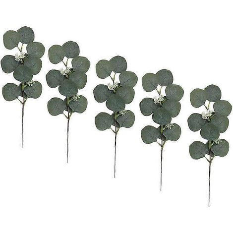Lot de 5 tiges de feuilles d'eucalyptus artificielles en soie, pour la décoration intérieure (chambre, salon, fêtes), accessoires photo-Green (1/5)