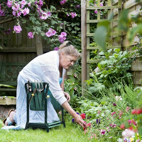 Tabouret de Jardin Pliable 2 en 1, Genouillère et Siège Ergonomique avec Coussin EVA, Cadre Acier Robuste, Poches à Outils Amovibles pour Travaux de Jardinage (1/5)