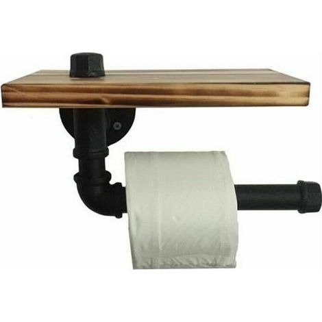 Porte-rouleau en Papier Toilette Design Rétro Métal Tube Étagère Ensemble de Rangement avec Plateau en bois Noir (1/3)
