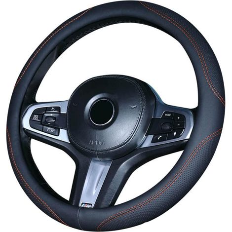 Accesorios de interior, Funda para volante de coche - Negra y roja, Funda de cuero para volante de 37-39 cm, Antideslizante, Transpirable, Fibra de carbono, Elástica, Funda universal profesional para 