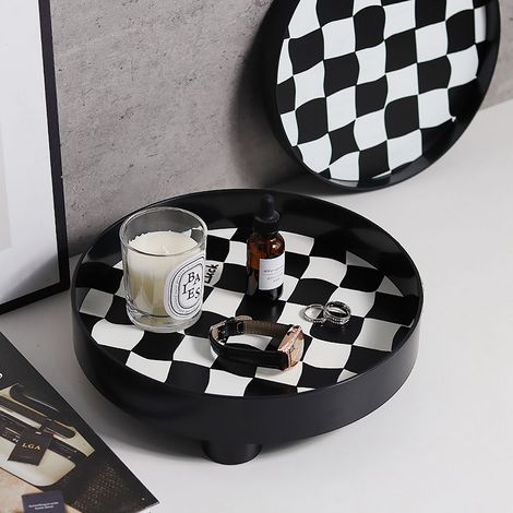 Plateau de rangement à damier style nordique, assiette à fruits, plat de rangement, tasses, parfum, bijoux, objets divers, plateau décoratif de bureau, grand format noir (1/5)