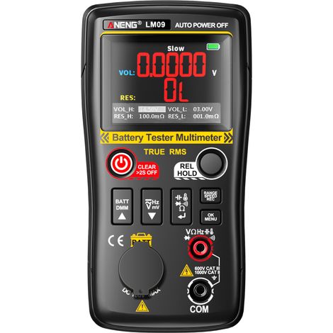 Medidor de resistencia interna y multímetro digital, 25000 cuentas, 0,1 mΩ–200 Ω, –100 V a +100 V, pantalla LCD a color (recargable por USB). (1/5)