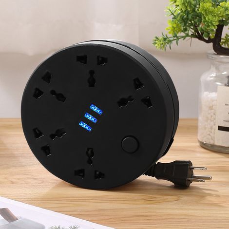 Multiprise De Voyage - Cordon D'Extension 2 M - 5 Prises Ac + 3 Ports Usb - Design Circulaire Compact Avec Enrouleur Intégré (1/5)