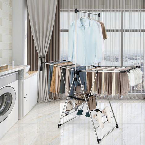 Étendoir à linge blanc pliable avec 6 hauteurs réglables et structure triangulaire stable, pour balcon, jardin et buanderie (1/5)