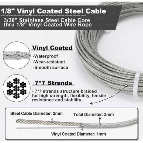 Cable Inox 3mm,100M/3mm Corde en Acier Inoxydable,Cable en Acier Revêtu avec Serre-Câbles,M3 Manchons,Cosses en Acier Inoxydable, (1/5)