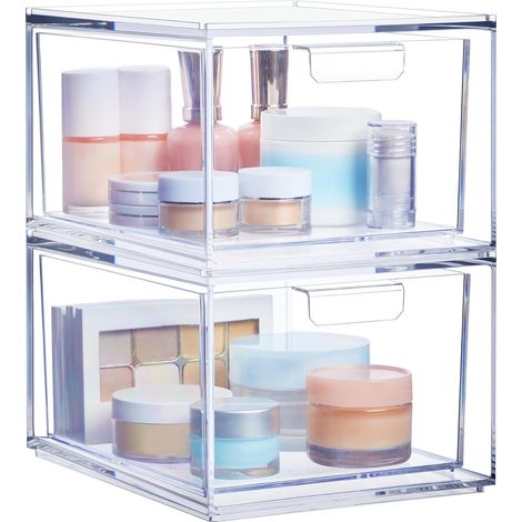 - Lot de 2 tiroirs empilables pour produits cosmétiques - 11,4 cm de haut - Transparent (1/5)