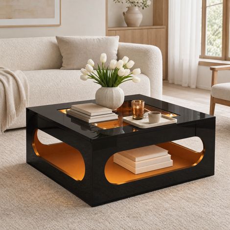 Table basse 70/70/35 cm noire avec LED, verre trempé et espace de rangement central (1/5)