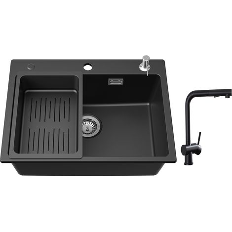 Cecipa Lavello 1 Vasca 60x45 cm con Cestello di Scarico e Dispenser per Sapone + rubinetti da cucina con doccetta estraibile, miscelatore lavello nero (1/5)
