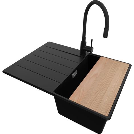 PRIMAGRAN Evier Cuisine en Granit 70x50cm, Lavabo 1 bac + Robinet 40x38cm + Kit de Vidage + Accessoire, Évier à Encastrer au meuble 40cm - Copenhague, Noir (1/5)