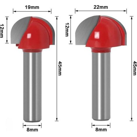 Fraise à Fond Rond Bois, 5PCS Router Bits 8mm Tige 12/16/ 19/22/25.4mm Fraise à gorges Carbure Queue Fraise à Rainurer pour Défonc (1/4)