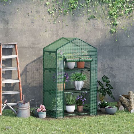 Outsunny Mini-Gewächshaus Anzuchtgewächshaus mit Folienabdeckung und 3 Regalböden Regale Rolltür Gemüsebeet