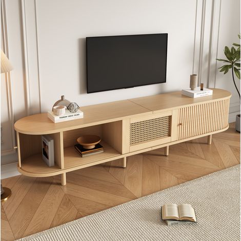 Meuble TV 180x40x40 cm avec porte coulissante, tiroir et rangement ouvert, MDF coloris naturel pour salon (1/5)
