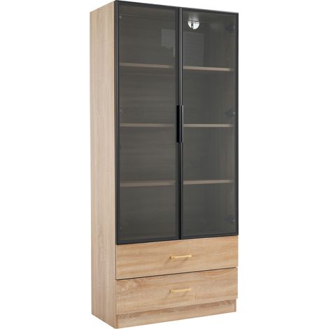 Armario de baño alto de MDF marrón de 75 cm con 2 cajones, 2 puertas y puerta de vidrio (1/5)