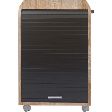 Caisson à rideau sur roulettes 2 tiroirs bois clair et noir Orga 70cm (1/4)