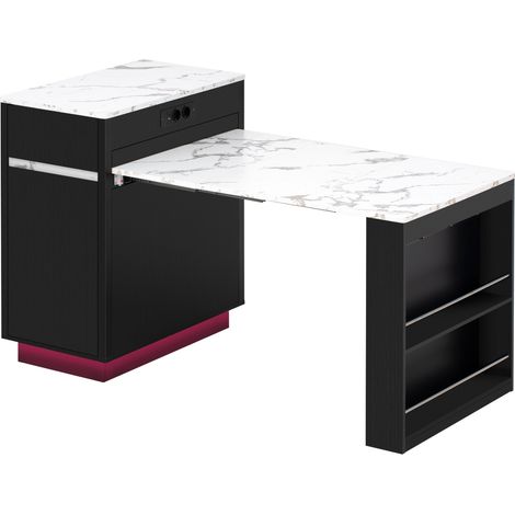 Isola cucina con ruote, tavolo estraibile con LED, prese e ganci, nero (1/5)