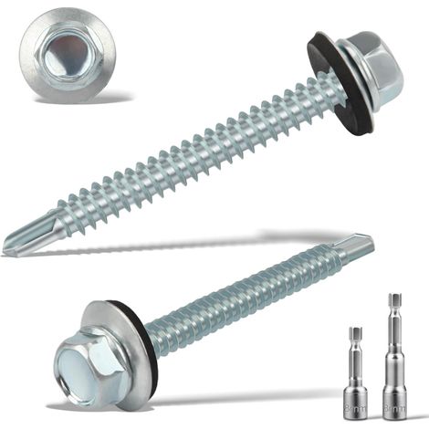 110 Pcs Vis Autoperforante 5.5x50MM Pour Metal Bac Acier Toiture - Auto-Taraudeuses Avec 2 Douilles Hexagonales - Tête Hexagonale Avec Rondelle D'étanchéIté - Galvanisées, Argenté (1/5)