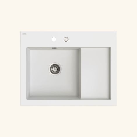 Kümbad – Évier à poser en granit blanc 80x61 cm – 1 bac avec égouttoir à droite – Vidage automatique – Bonde et siphon inclus