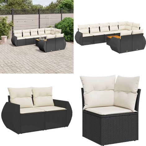 Set Divani da Giardino 9 pz con Cuscini Nero in Polyrattan - Sedute da esterno - Cuscini per seduta