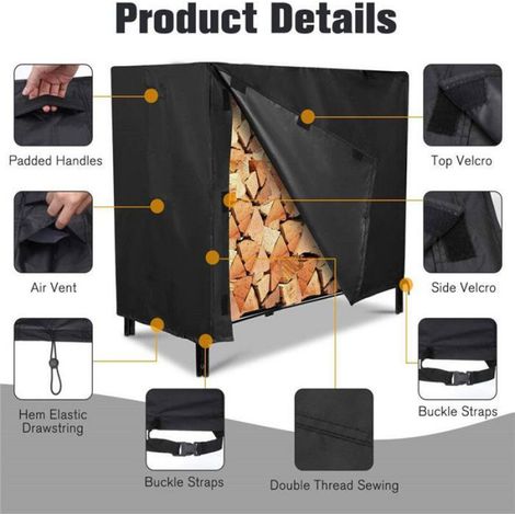 Housse Imperméable Pour Bois De Chauffage - Tissu Oxford 600D - Extérieur Jardin Terrasse Patio - 122 x 61 x 107 cm - Noir (1/4)