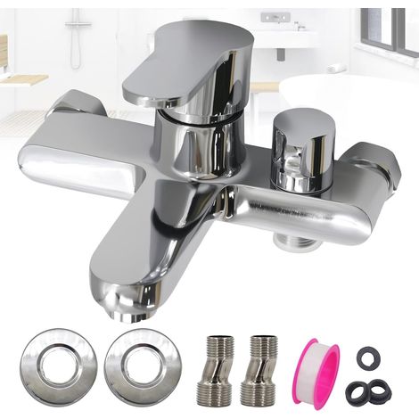 Mitigeur de baignoire en saillie, mitigeur douche et bain, douchette à levier unique avec pommeau de douche 1/2 pouce et bec de baignoire, chromé avec matériel de fixation, argent (1/5)