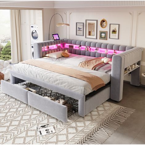 Canapé-lit 90x190 cm en velours gris, rangements intégrés, pour petit espace, sans matelas – MEUBLIV (1/5)