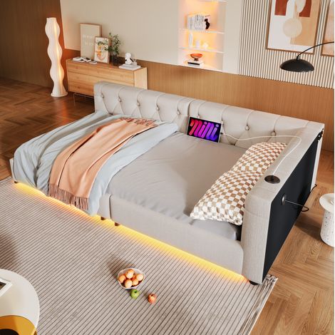 struttura letto 90x200 singolo con USB LED lino beige OKMYHOME (1/5)