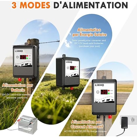 Clôture Electrique pour Animaux 12kV 2 Joules , 10KM Electrificateur de Clôture Electrique avec Affichage LED, Protection pour Chevaux, Moutons, Chiens, Pâturages et Ferme (Noir) (1/4)