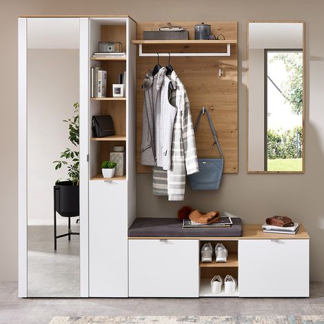 Garderoben Set mit Garderobenschrank weiß matt mit Eiche BLISS-36, 4-teilig (1/5)