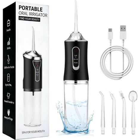 Hydropulseur dentaire sans fil - Nettoyage des dents - Irrigateur dentaire - Étanche - Avec 4 buses et 1 câble de charge - Noir (1/5)