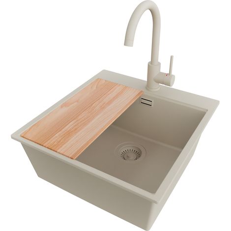 PRIMAGRAN Evier Cuisine en Granit 48x50cm,Lavabo 1 bac + Robinet 32x20cm + Kit de Vidage + Planche à Découper, Évier à Encastrer au meuble 50cm - Oslo, Beige (1/5)