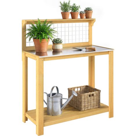 Yellow Wood and Aluminium 2-Shelf Potting Table (1/5)